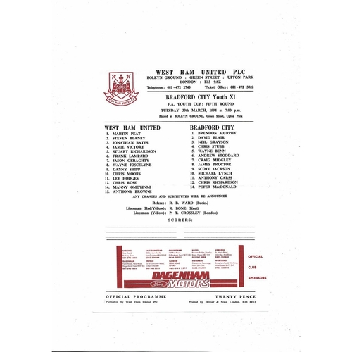 West Ham United v Bradford City Youth Cup Football Programme 1993/94