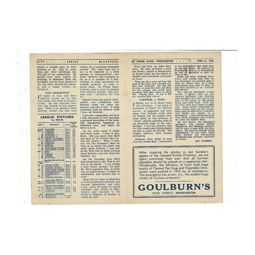 1944/45 Manchester City v Blackpool Football Programme April