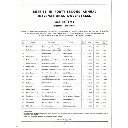 1958 Indianapolis 500 Programme