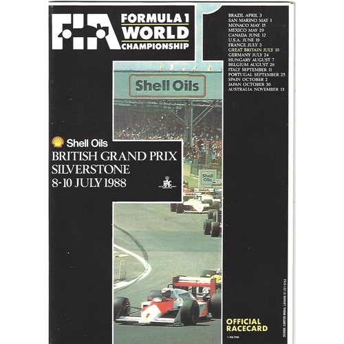 1988 British Grand Prix Motor Racing Programme & Racecard