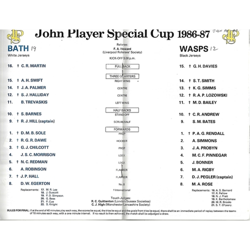 1987 Bath v Wasps John Player Cup Final Rugby Union Programme