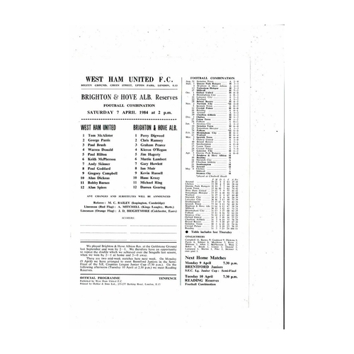 West Ham United v Brighton Football Combination Programme 1983/84