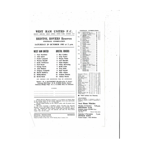 West Ham United v Bristol Rovers Football Combination Programme 1983/84