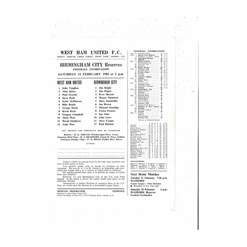 West Ham United v Birmingham City Football Combination Programme 1983/84