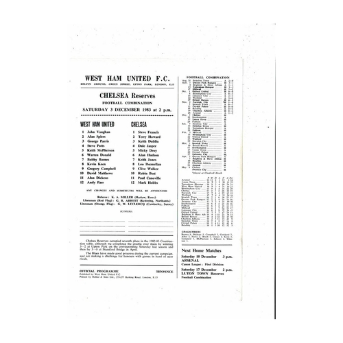 West Ham United v Chelsea Football Combination Programme 1983/84