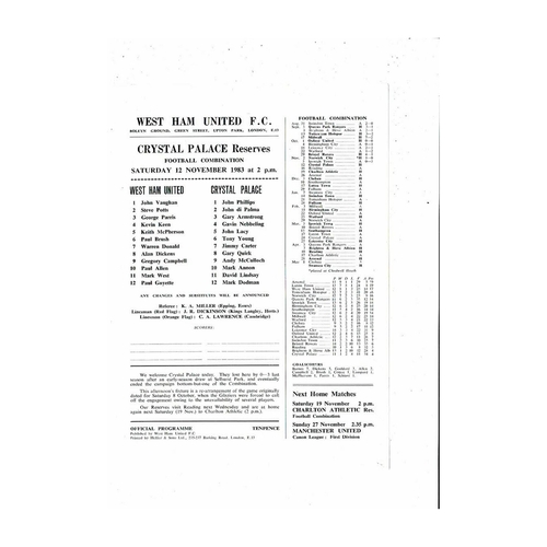 West Ham United v Crystal Palace Football Combination Programme 1983/84