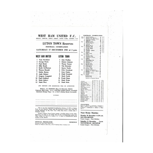 West Ham United v Luton Town Football Combination Programme 1983/84