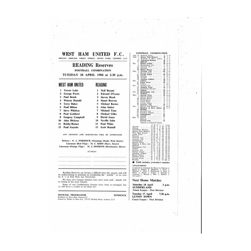 West Ham United v Reading Football Combination Programme 1983/84