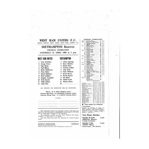 West Ham United v Southampton Football Combination Programme 1983/84
