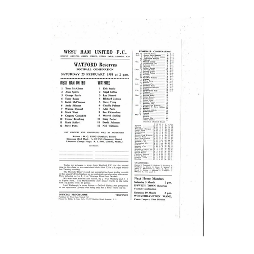 West Ham United v Watford Football Combination Programme 1983/84