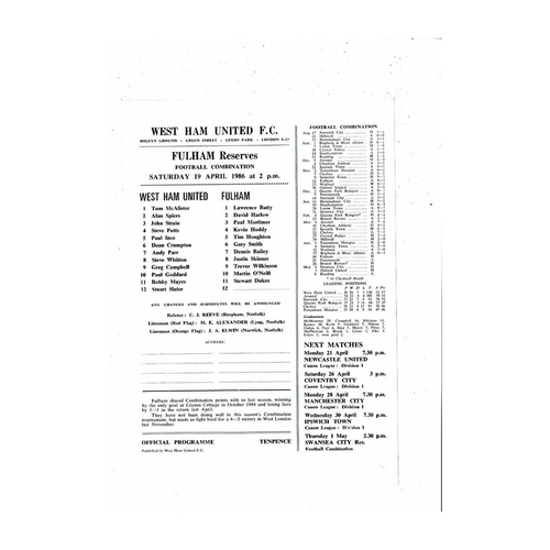 West Ham United v Fulham Football Combination Programme 1985/86