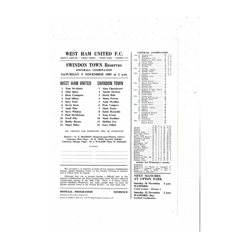 West Ham United v Swindon Town Football Combination Programme 1985/86