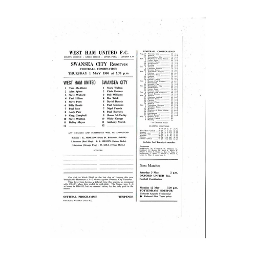 West Ham United v Swansea Football Combination Programme 1985/86