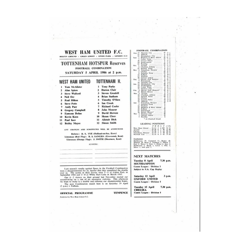 West Ham United v Tottenham Hotspur Football Combination Programme 1985/86
