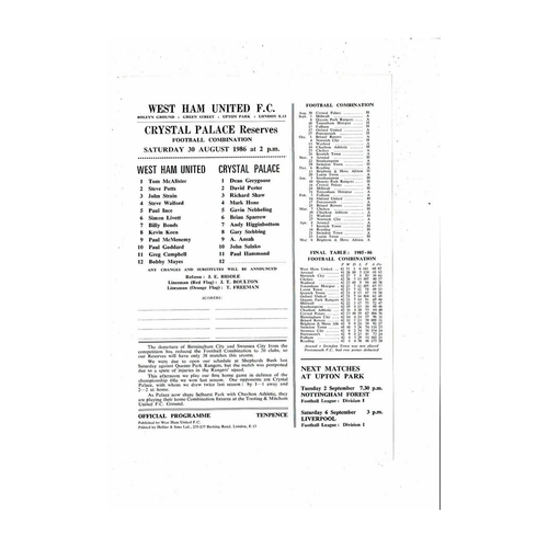 West Ham United v Crystal Palace Football Combination Programme 1986/87