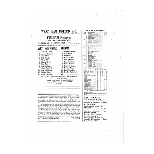 West Ham United v Fulham Football Combination Programme 1986/87