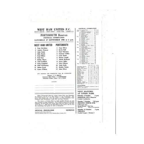 West Ham United v Portsmouth Football Combination Programme 1986/87