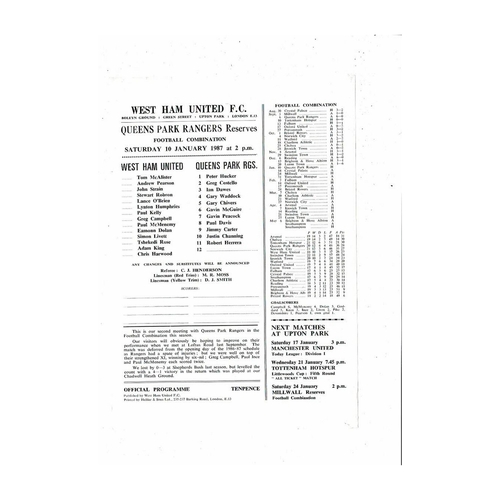 West Ham United v Queens Park Rangers Football Combination Programme 1986/87