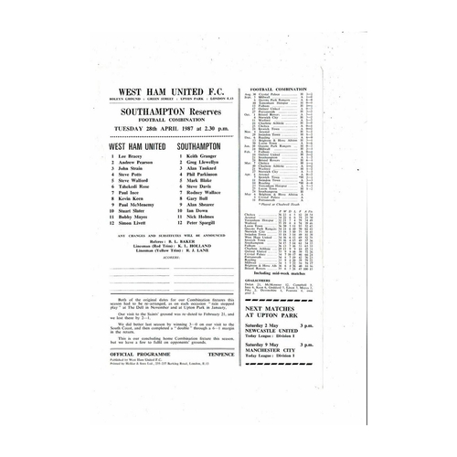 West Ham United v Southampton Football Combination Programme 1986/87