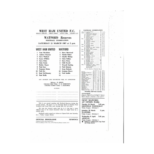 West Ham United v Watford Football Combination Programme 1986/87