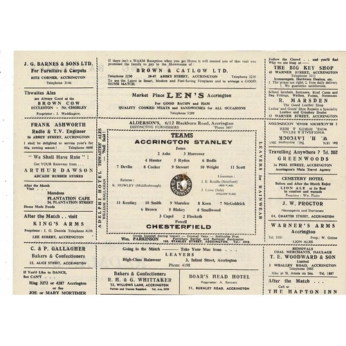1954/55 Accrington Stanley v Chesterfield Football Programme. Rearranged Game