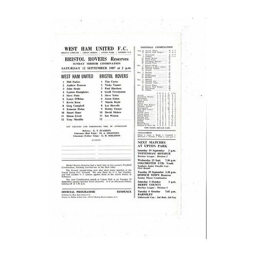 West Ham United v Bristol Rovers Football Combination Programme 1987/88