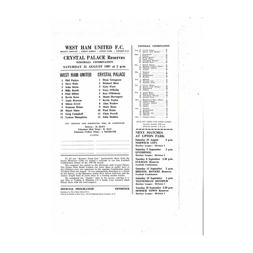 West Ham United v Crystal Palace Football Combination Programme 1987/88