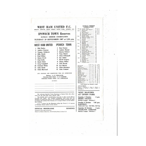 West Ham United v Ipswich Town Football Combination Programme 1987/88