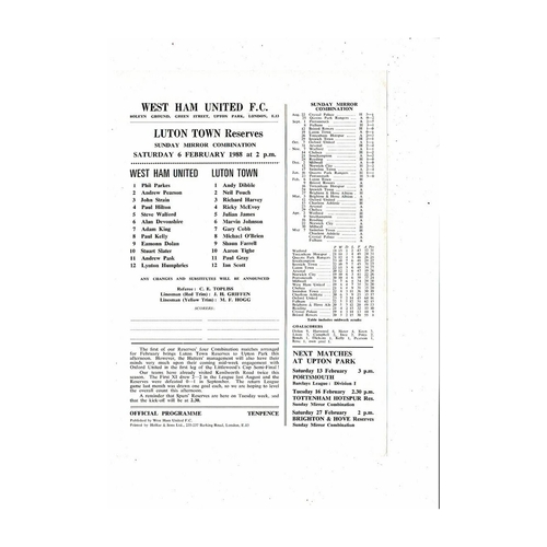 West Ham United v Luton Town Football Combination Programme 1987/88