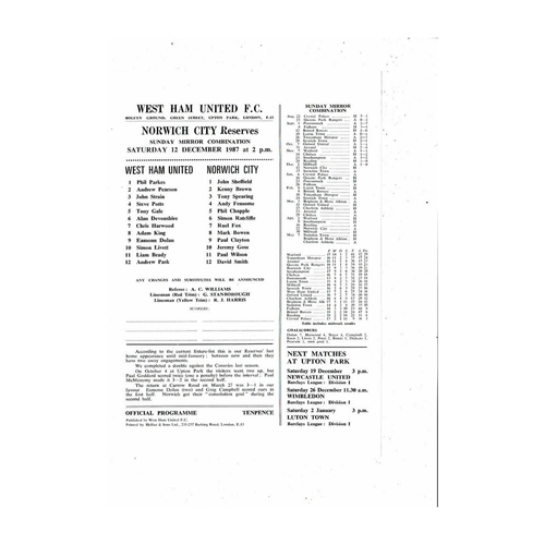 West Ham United v Norwich City Football Combination Programme 1987/88