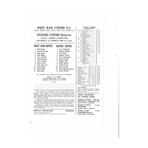 West Ham United v Oxford United Football Combination Programme 1987/88