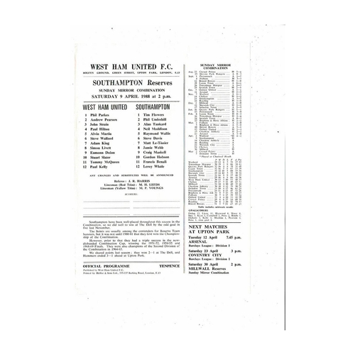 West Ham United v Southampton Football Combination Programme 1987/88