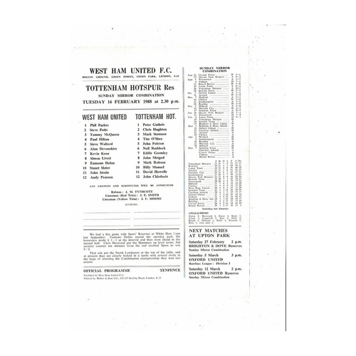 West Ham United v Tottenham Hotspur Football Combination Programme 1987/88