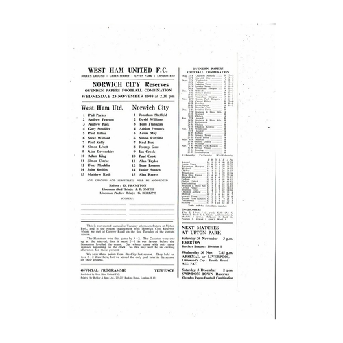 West Ham United v Norwich City Football Combination Programme 1988/89
