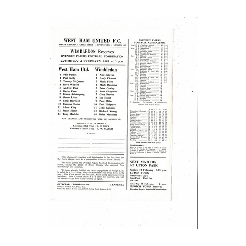 West Ham United v Wimbledon Football Combination Programme 1988/89