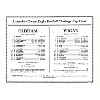 1966 Oldham v Wigan Lancashire County Challenge Cup Final Rugby League Programme