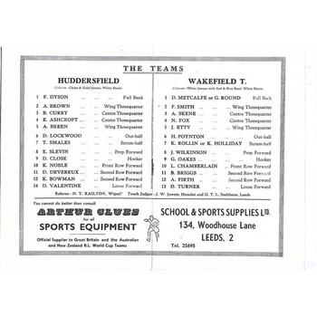 1960 Huddersfield v Wakefield Trinity Yorkshire County Challenge Cup Final Rugby League Programme
