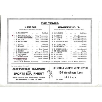 1961 Leeds v Wakefield Trinity Yorkshire County Challenge Cup Final Rugby League Programme