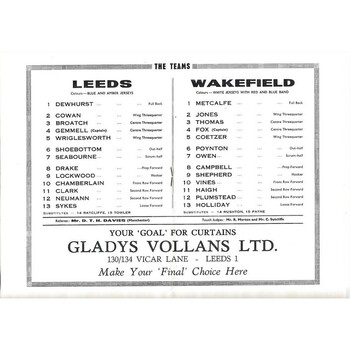 1964 Leeds v Wakefield Trinity Yorkshire County Challenge Cup Final Rugby League Programme