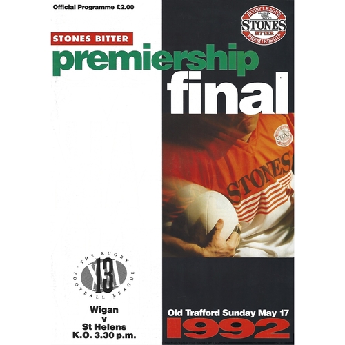 1992 Wigan v St. Helens Rugby League Premiership Trophy Final Programme
