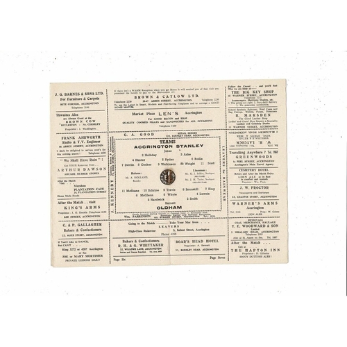 1954/55 Accrington Stanley v Oldham Athletic Football Programme