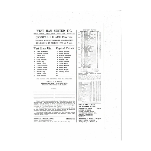 West Ham United v Crystal Palace Football Combination Programme 1989/90