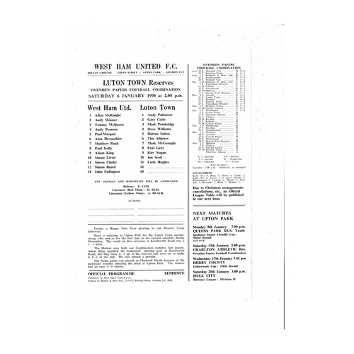 West Ham United v Luton Town Football Combination Programme 1989/90