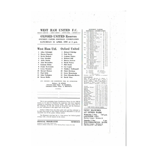 West Ham United v Oxford United Football Combination Programme 1989/90