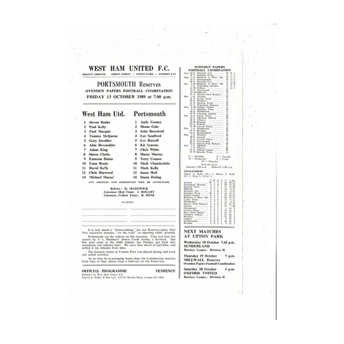 West Ham United v Portsmouth Football Combination Programme 1989/90