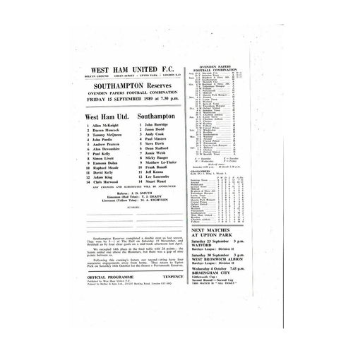 West Ham United v Southampton Football Combination Programme 1989/90