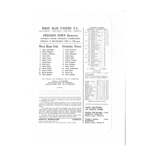 West Ham United v Swindon Town Football Combination Programme 1989/90