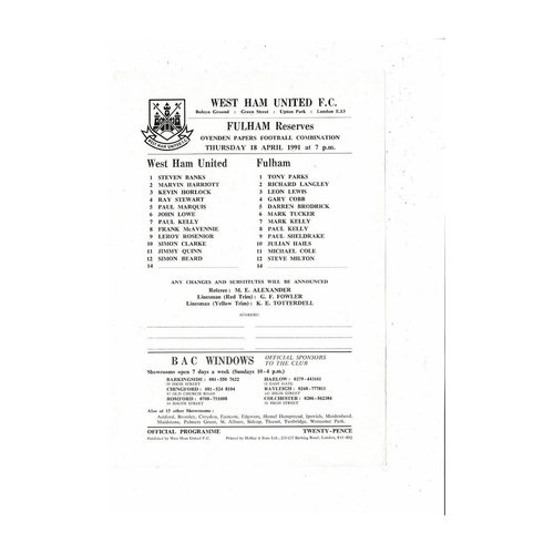 West Ham United v Fulham Football Combination Programme 1990/91