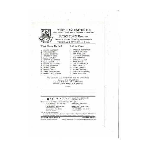 West Ham United v Luton Town Football Combination Programme 1990/91