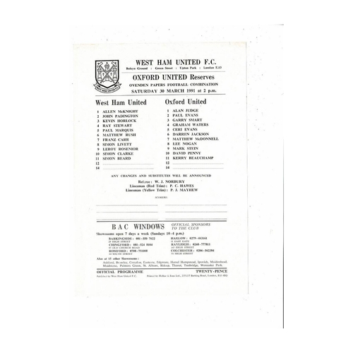 West Ham United v Oxford United Football Combination Programme 1990/91